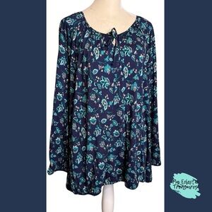 Old Navy Blue Floral Long Sleeve Tie Front Blouse 2XL